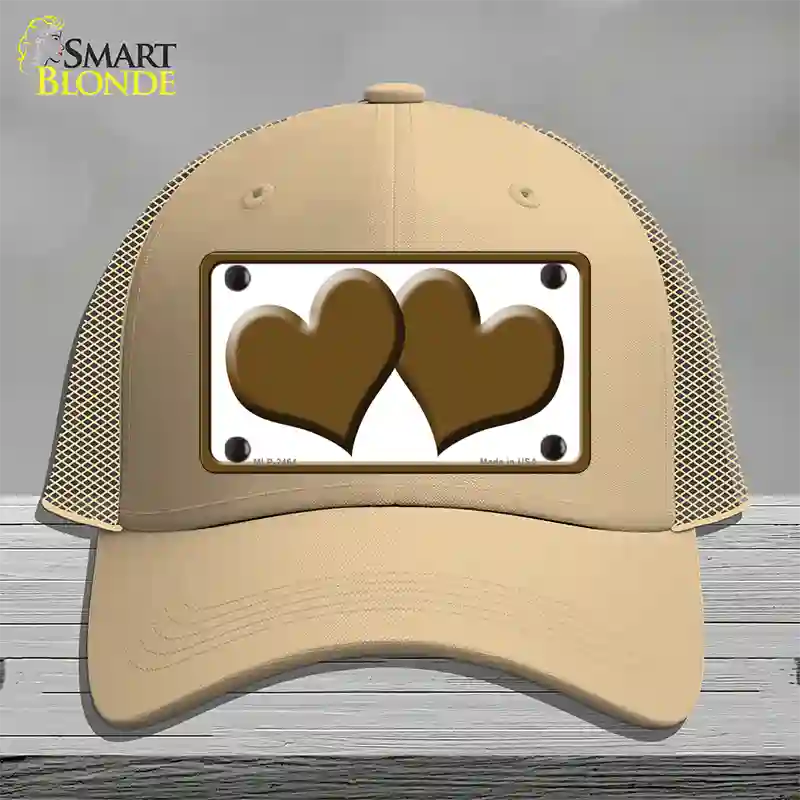 Solid Brown Centered Hearts White Novelty License Plate Hat Mesh / Khaki