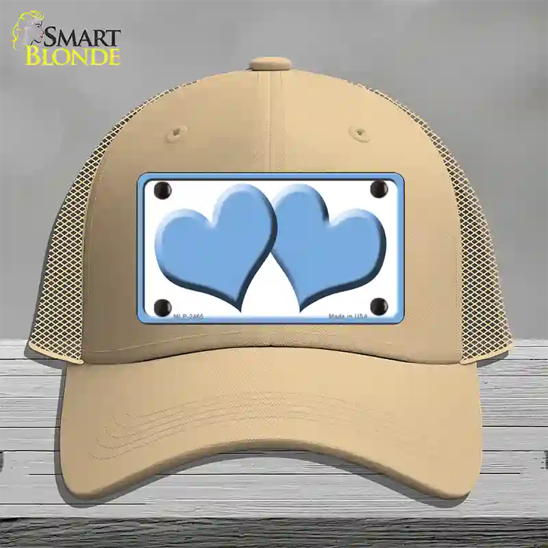 Solid Light Blue Centered Hearts White Novelty License Plate Hat Mesh / Khaki