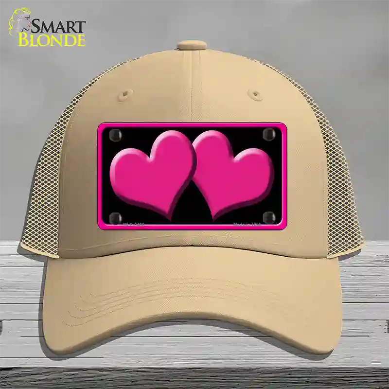 Solid Pink Centered Hearts Black Novelty License Plate Hat Mesh / Khaki