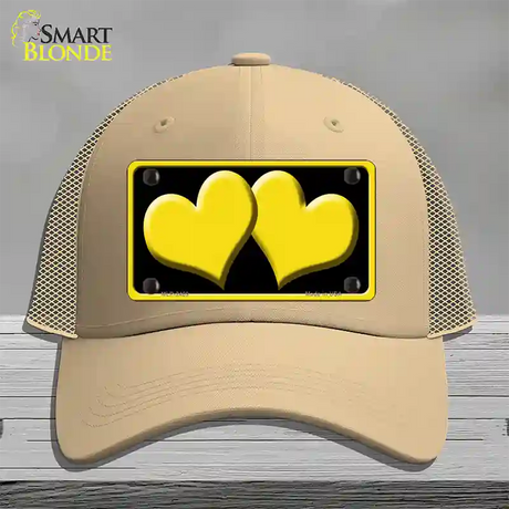 Solid Yellow Centered Hearts Black Novelty License Plate Hat Mesh / Khaki