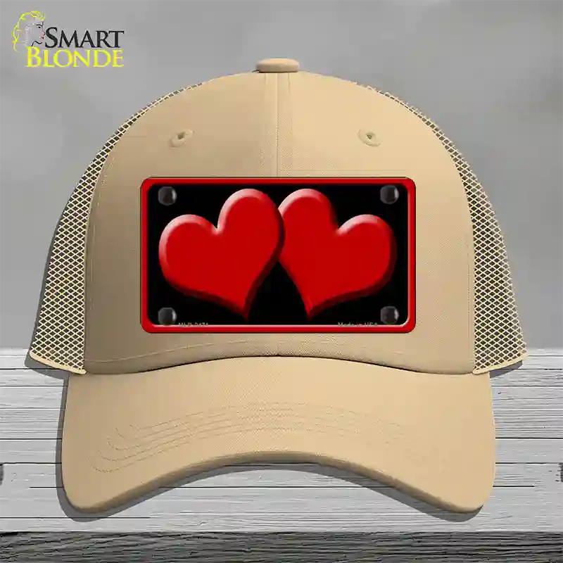 Solid Red Centered Hearts Black Novelty License Plate Hat Mesh / Khaki