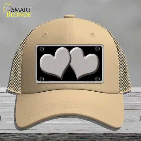 Solid Grey Centered Hearts Black Novelty License Plate Hat Mesh / Khaki