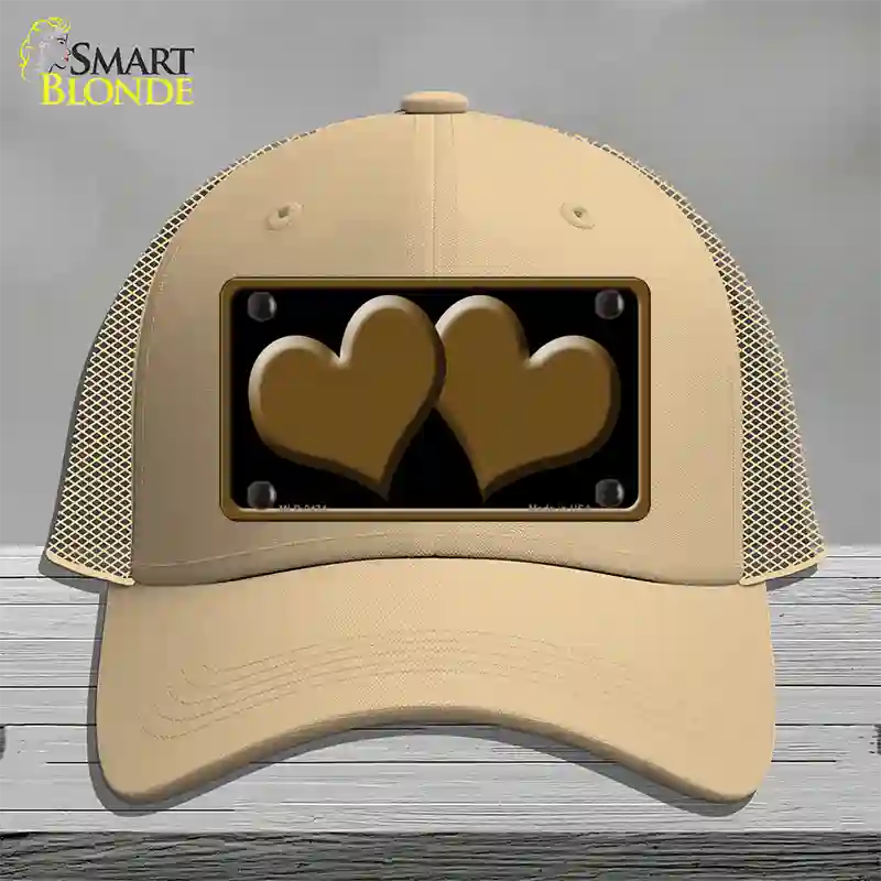 Solid Brown Centered Hearts Black Novelty License Plate Hat Mesh / Khaki