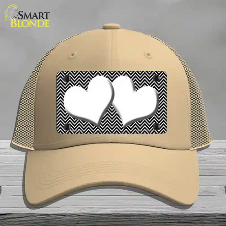 Black White Chevron White Center Hearts Novelty License Plate Hat Mesh / Khaki