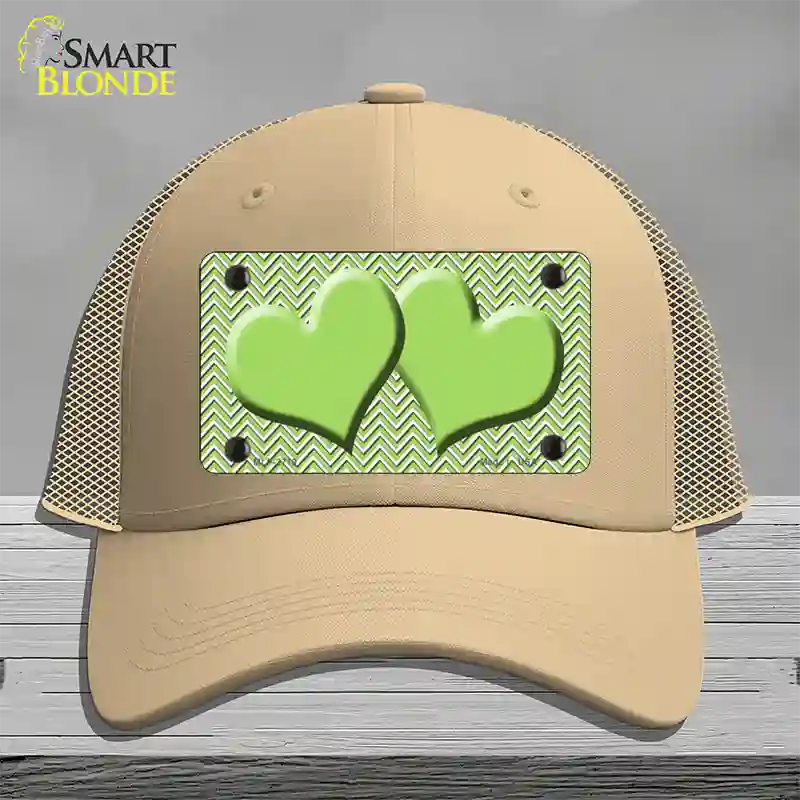 Lime Green White Chevron Lime Green Center Hearts Novelty License Plate Hat Mesh / Khaki