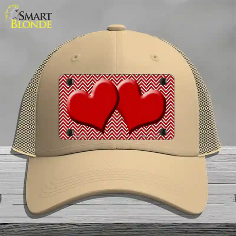 Red White Chevron Red Center Hearts Novelty License Plate Hat Mesh / Khaki