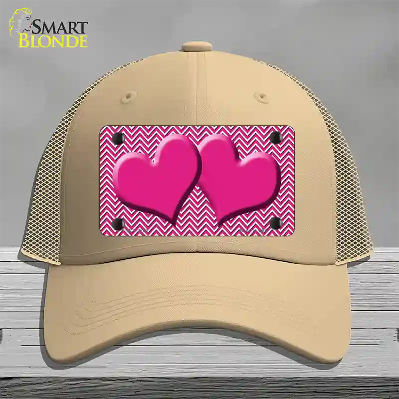 Pink White Chevron Pink Center Hearts Novelty License Plate Hat Mesh / Khaki