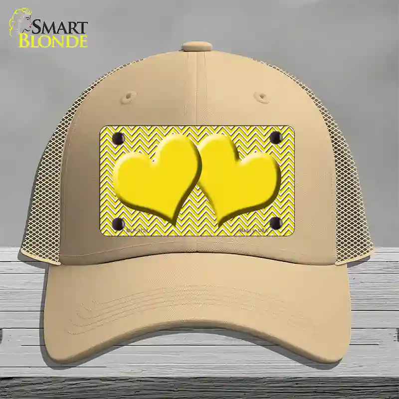 Yellow White Chevron Yellow Center Hearts Novelty License Plate Hat Mesh / Khaki