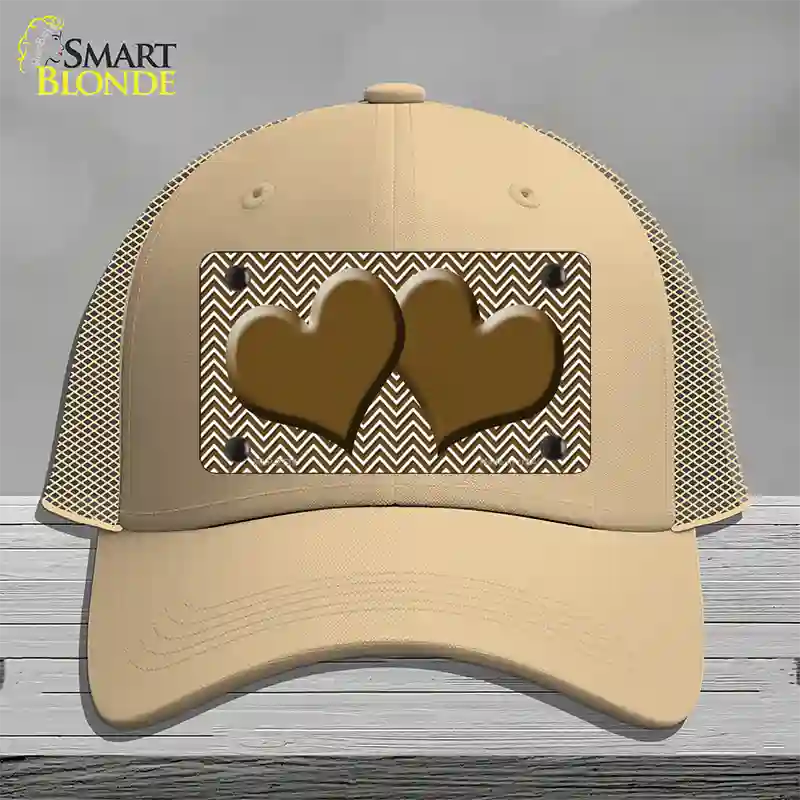 Brown White Chevron Brown Center Hearts Novelty License Plate Hat Mesh / Khaki