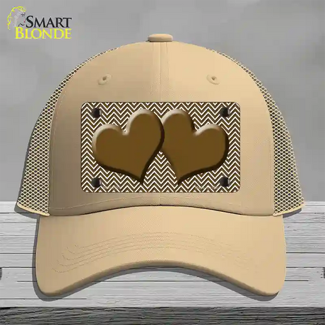 Brown White Chevron Brown Center Hearts Novelty License Plate Hat Mesh / Khaki