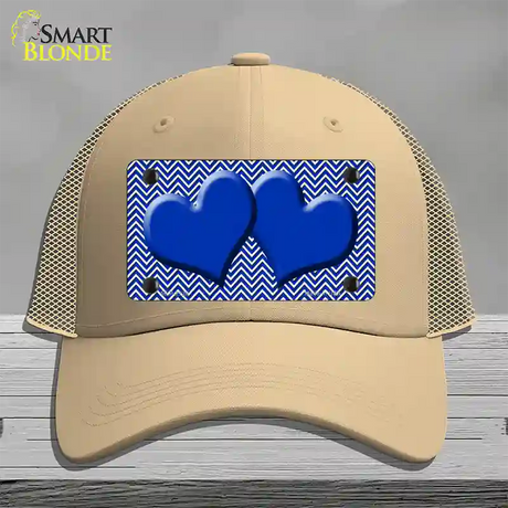 Blue White Chevron Blue Center Hearts Novelty License Plate Hat Mesh / Khaki