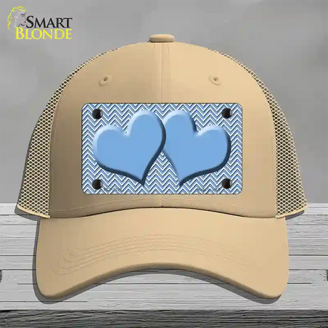 Light Blue White Chevron Light Blue Center Hearts Novelty License Plate Hat Mesh / Khaki