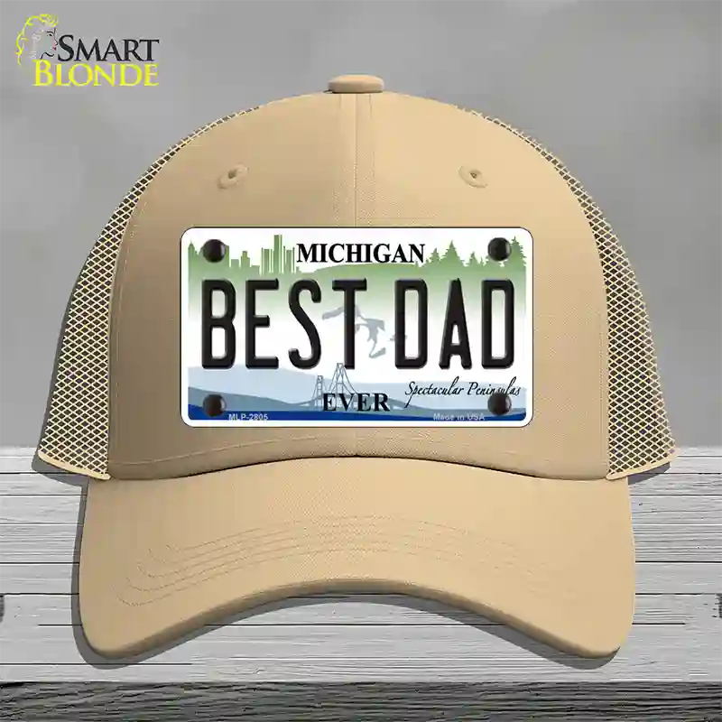 Best Dad Michigan State Novelty License Plate Hat Mesh / Khaki