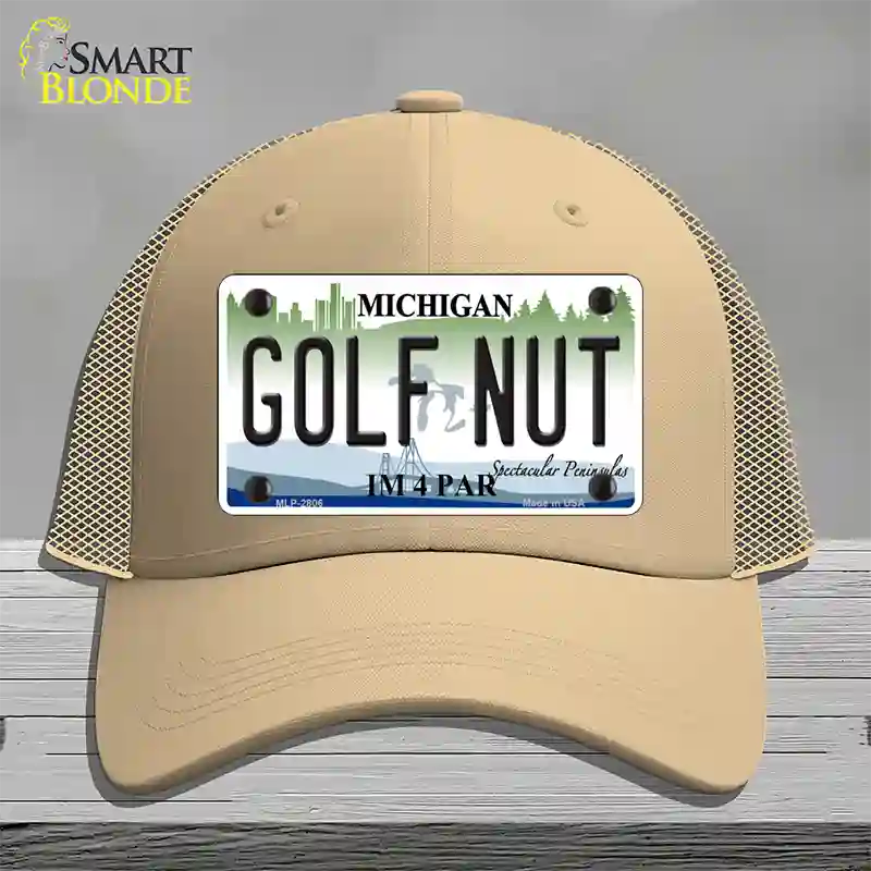 Golf Nut Michigan State Novelty License Plate Hat Mesh / Khaki