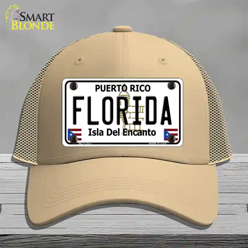 Florida Puerto Rico Novelty License Plate Hat Mesh / Khaki