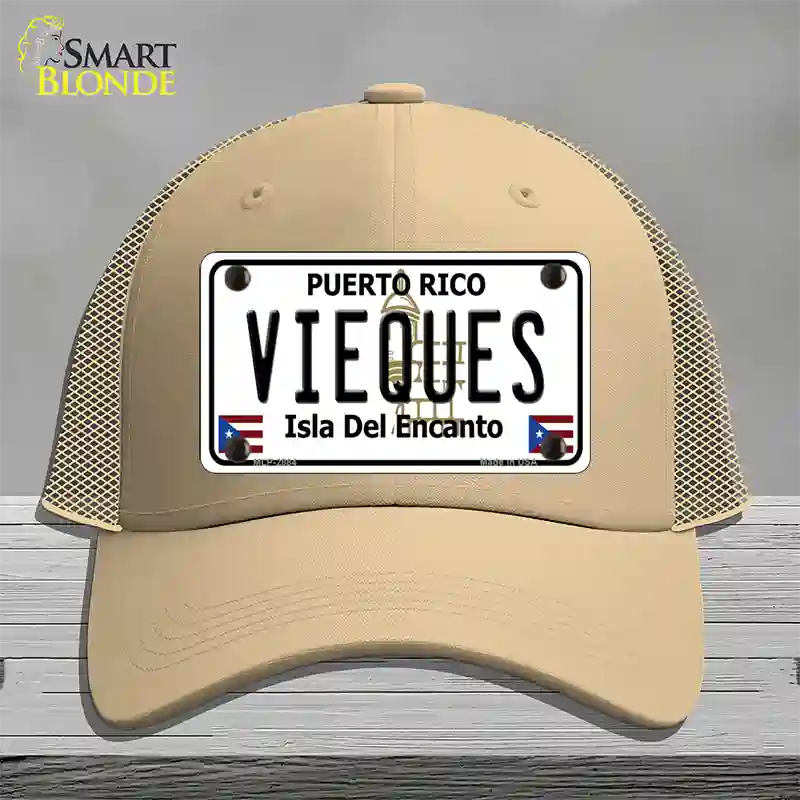 Vieques Puerto Rico Novelty License Plate Hat Mesh / Khaki