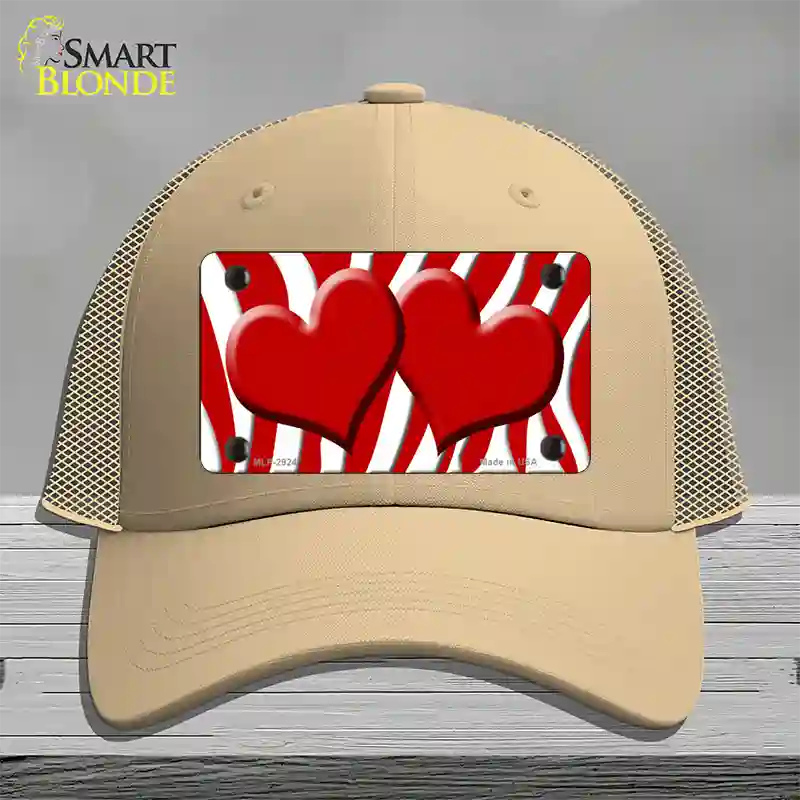 Red White Zebra Red Centered Hearts Novelty License Plate Hat Mesh / Khaki