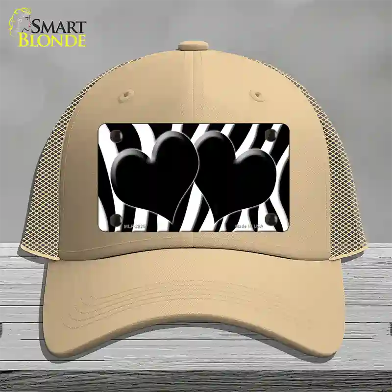 Black White Zebra Black Centered Hearts Novelty License Plate Hat Mesh / Khaki