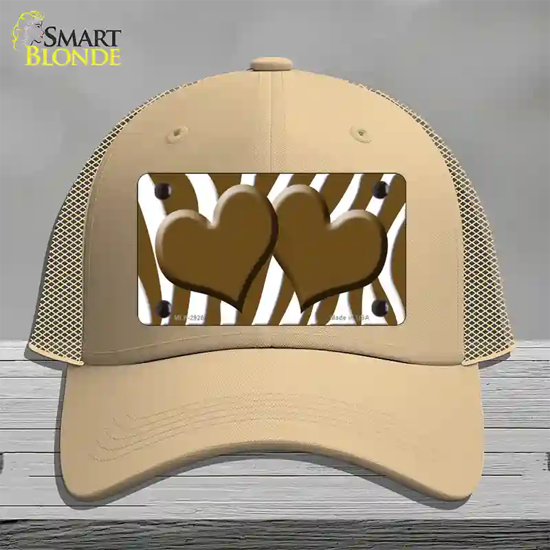 Brown White Zebra Brown Centered Hearts Novelty License Plate Hat Mesh / Khaki