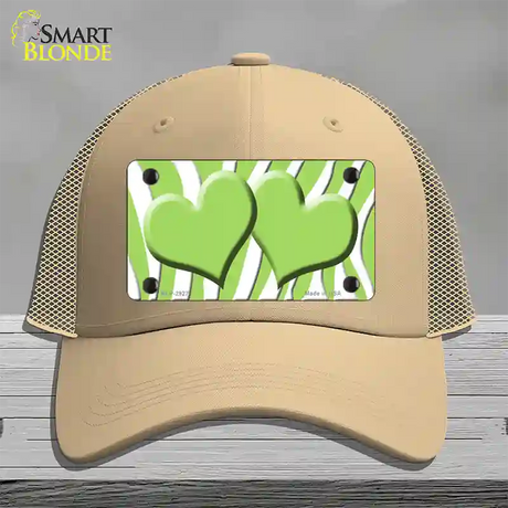 Lime Green White Zebra Lime Green Centered Hearts Novelty License Plate Hat Mesh / Khaki