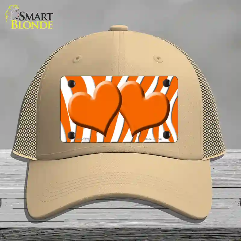 Orange White Zebra Orange Centered Hearts Novelty License Plate Hat Mesh / Khaki