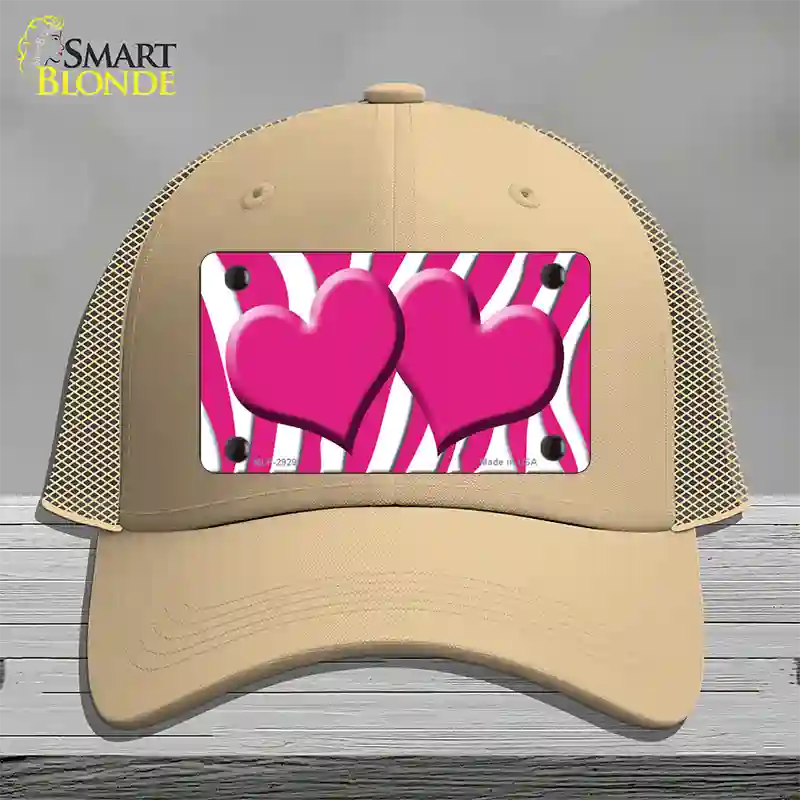 Pink White Zebra Pink Centered Hearts Novelty License Plate Hat Mesh / Khaki