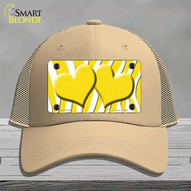 Yellow White Zebra Yellow Centered Hearts Novelty License Plate Hat Mesh / Khaki