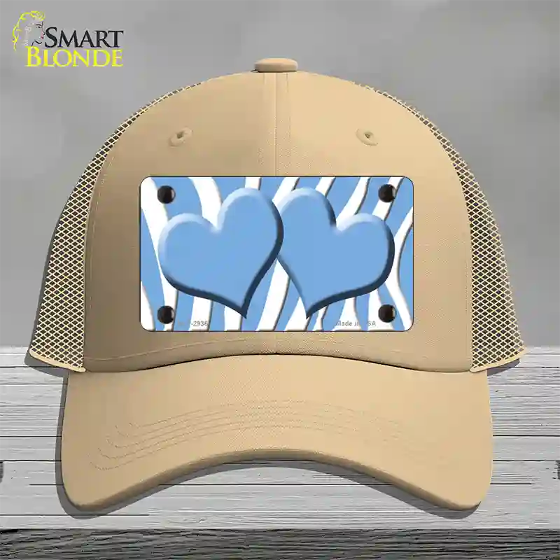 Light Blue White Zebra Light Blue Centered Hearts Novelty License Plate Hat Mesh / Khaki