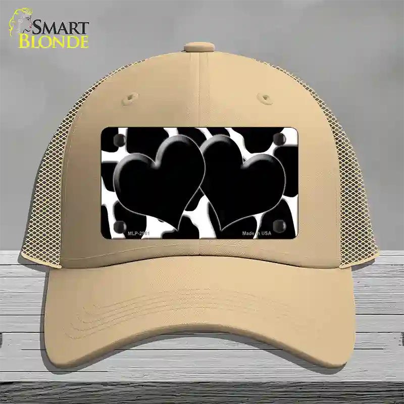 Black White Giraffe Black Centered Hearts Novelty License Plate Hat Mesh / Khaki