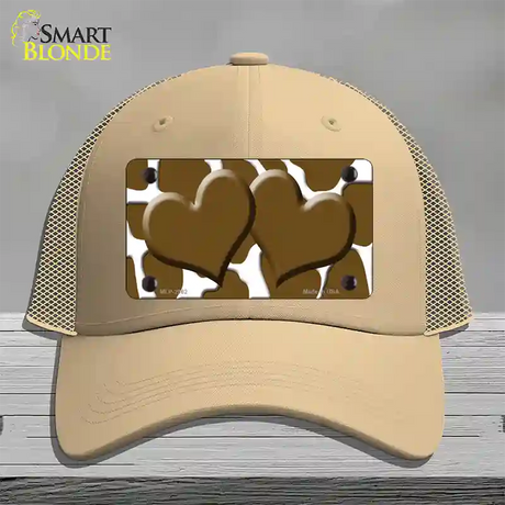 Brown White Giraffe Brown Centered Hearts Novelty License Plate Hat Mesh / Khaki