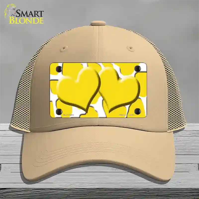 Yellow White Giraffe Yellow Centered Hearts Novelty License Plate Hat Mesh / Khaki