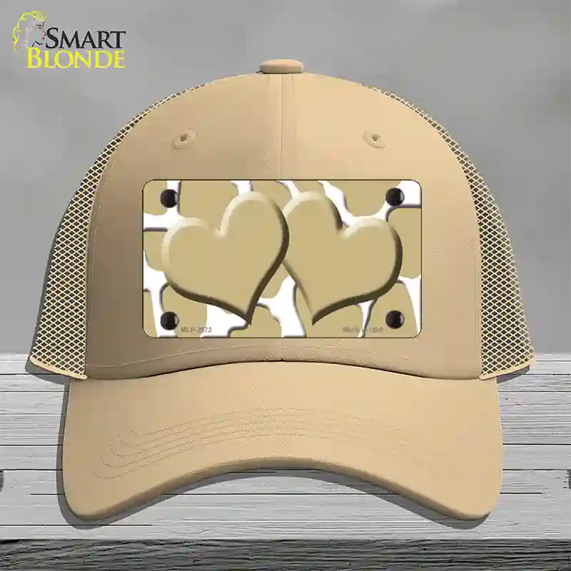 Gold White Giraffe Gold Centered Hearts Novelty License Plate Hat Mesh / Khaki