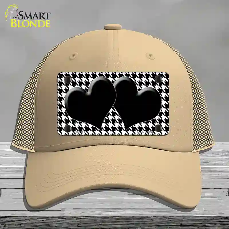 White Black Houndstooth Black Center Hearts Novelty License Plate Hat Mesh / Khaki