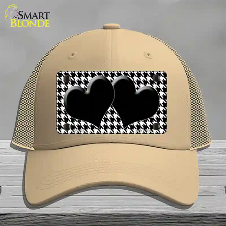 White Black Houndstooth Black Center Hearts Novelty License Plate Hat Mesh / Khaki