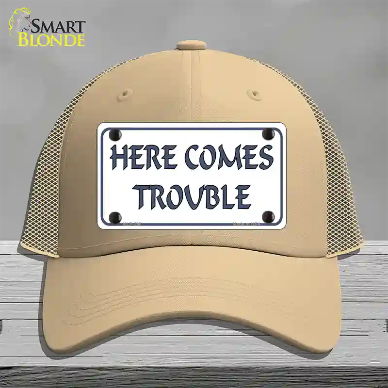 Here Comes Trouble Novelty License Plate Hat Mesh / Khaki