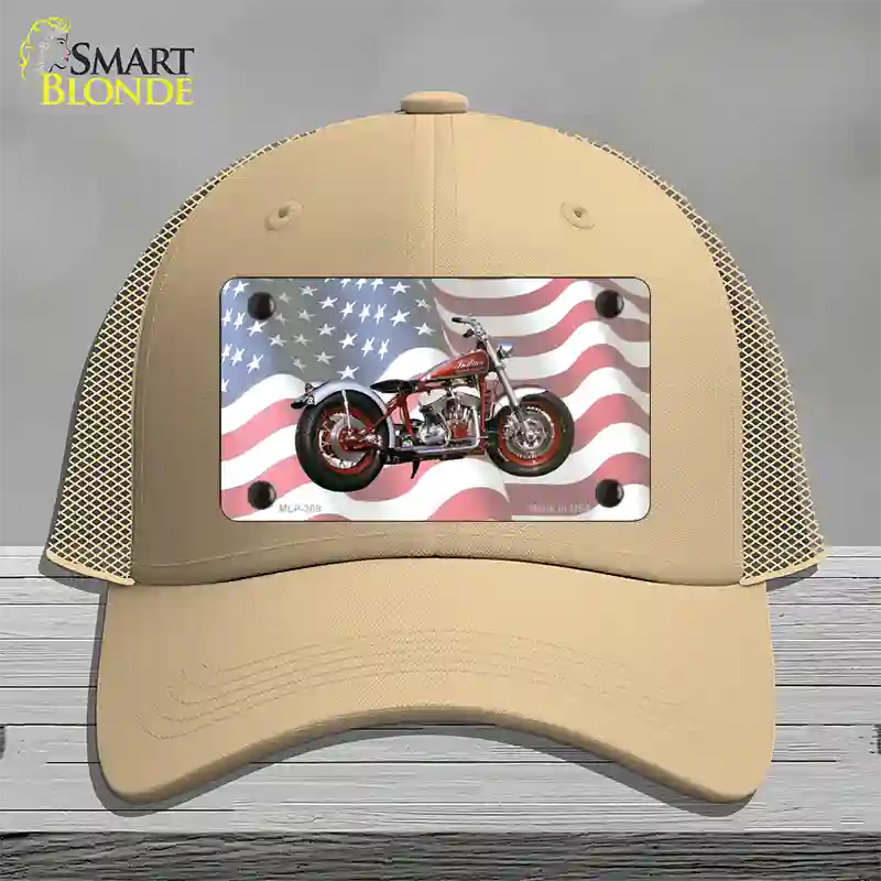 Indian Motorcycle American Flag Novelty License Plate Hat Mesh / Khaki