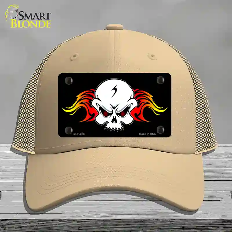 Skull Flame Novelty License Plate Hat Mesh / Khaki