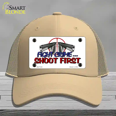 Fight Crime Shoot First Novelty License Plate Hat Mesh / Khaki