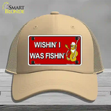 Wishin I Was Fishin Red Novelty License Plate Hat Mesh / Khaki