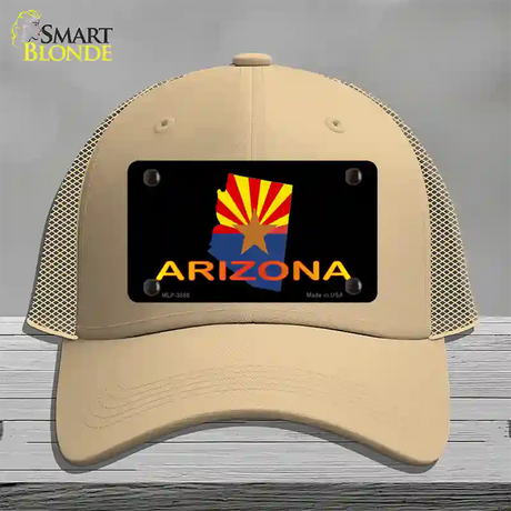 Arizona Flag Filled State Outline Novelty License Plate Hat Mesh / Khaki