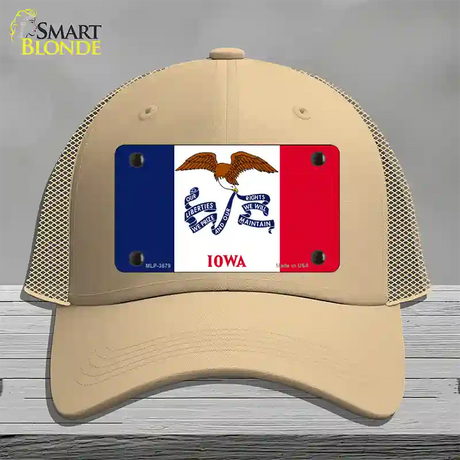 Iowa State Flag Novelty License Plate Hat Mesh / Khaki