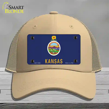 Kansas State Flag Novelty License Plate Hat Mesh / Khaki