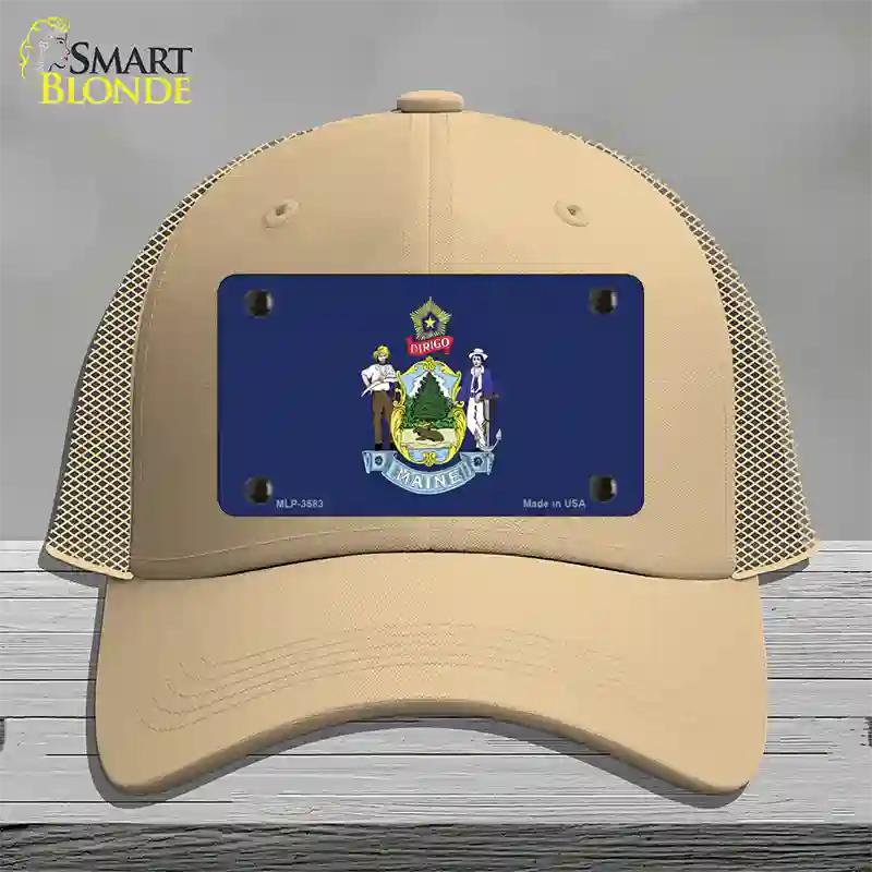 Maine State Flag Novelty License Plate Hat Mesh / Khaki