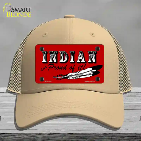 Indian And Proud Novelty License Plate Hat Mesh / Khaki