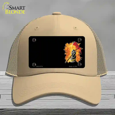 Firefighter Flaming Ax Offset Novelty License Plate Hat Mesh / Khaki