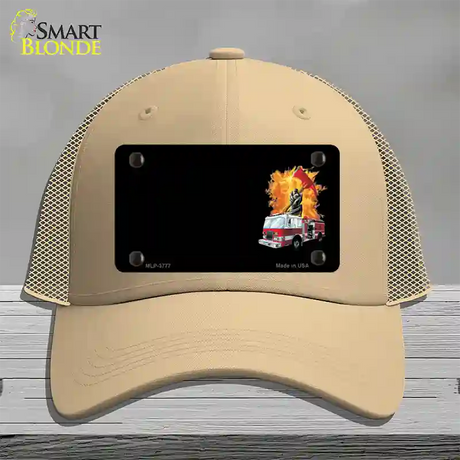 Fire Engine Flames Flaming Ax Offset Novelty License Plate Hat Mesh / Khaki