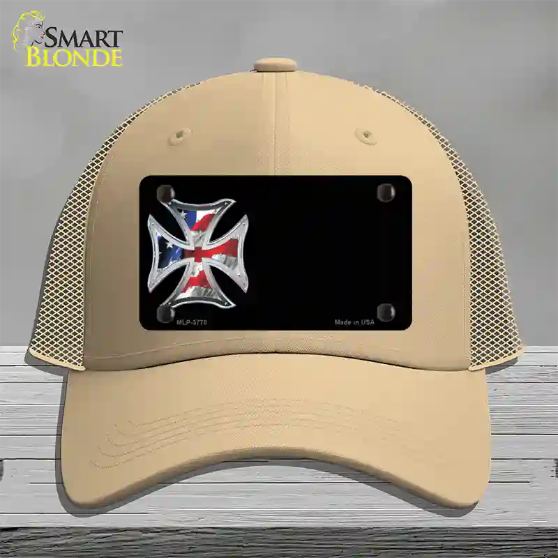 American Flag Maltese Cross Offset Novelty License Plate Hat Mesh / Khaki