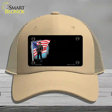 Police Officer American Flag Offset Novelty License Plate Hat Mesh / Khaki