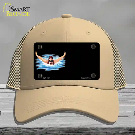 Female Swimmer Offset Novelty License Plate Hat Mesh / Khaki