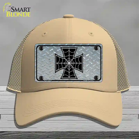 Maltese Cross Spider Web Novelty License Plate Hat Mesh / Khaki